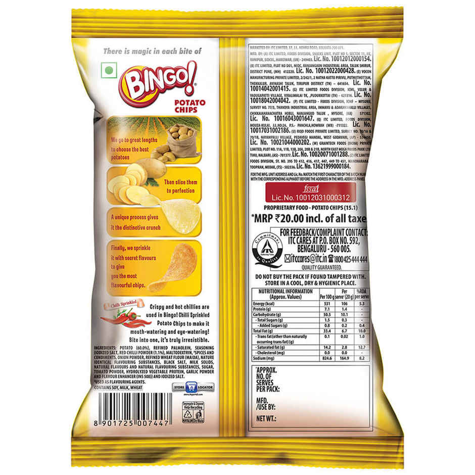 Bingo! Original Style Chilli Sprinkled - Flat Cut Spicy Potato Chips Pack for Snacks Combo    
