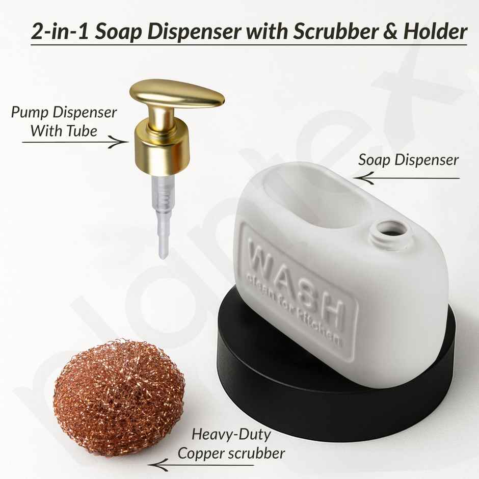 Plantex Liquid Soap Dispenser with Scrubber | Ceramic | Off-White-Gold