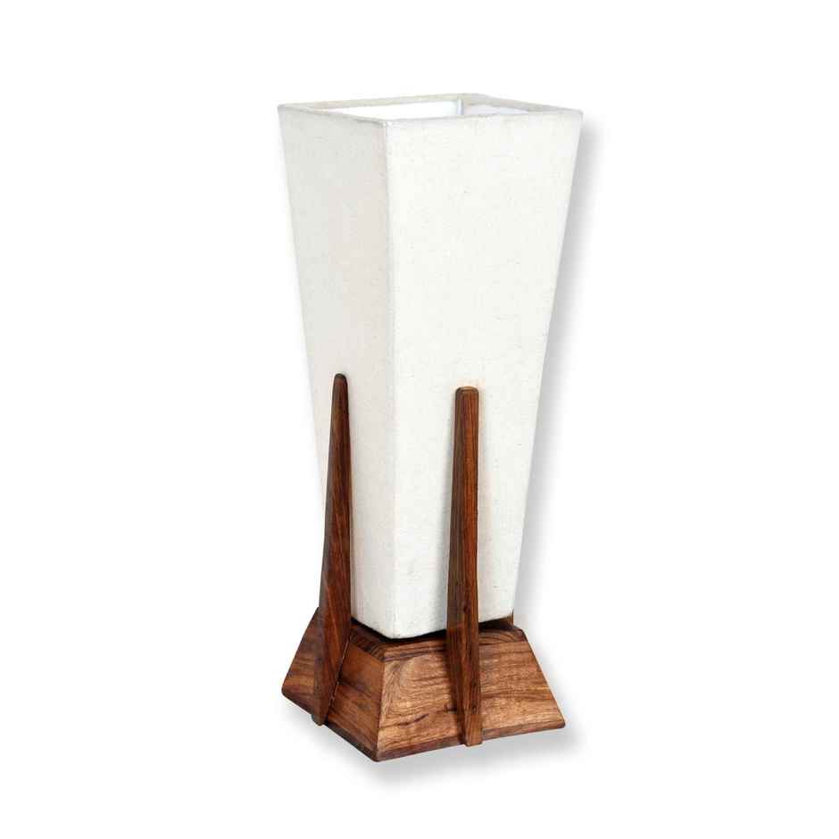 Homesake Retro Sheesham Wood Pyramid Bedside Lamp with Khadi Shade | Table & Nightstand Light