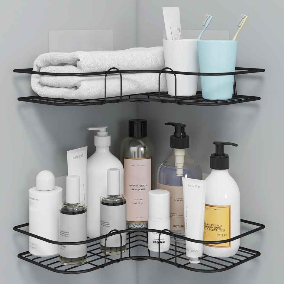 Plantex Bathroom Corner Rack/Shelf | GI Metal | Black