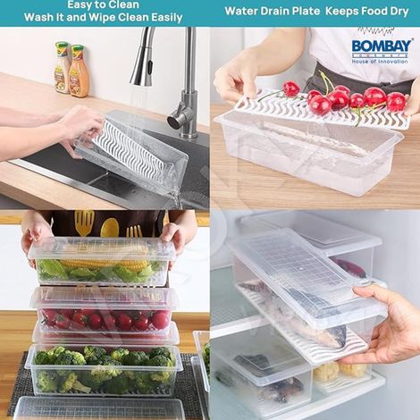6pcs Fridge Storage Boxes Fridge Organizer with Removable Drain Plate and Lid | 1500 Ml