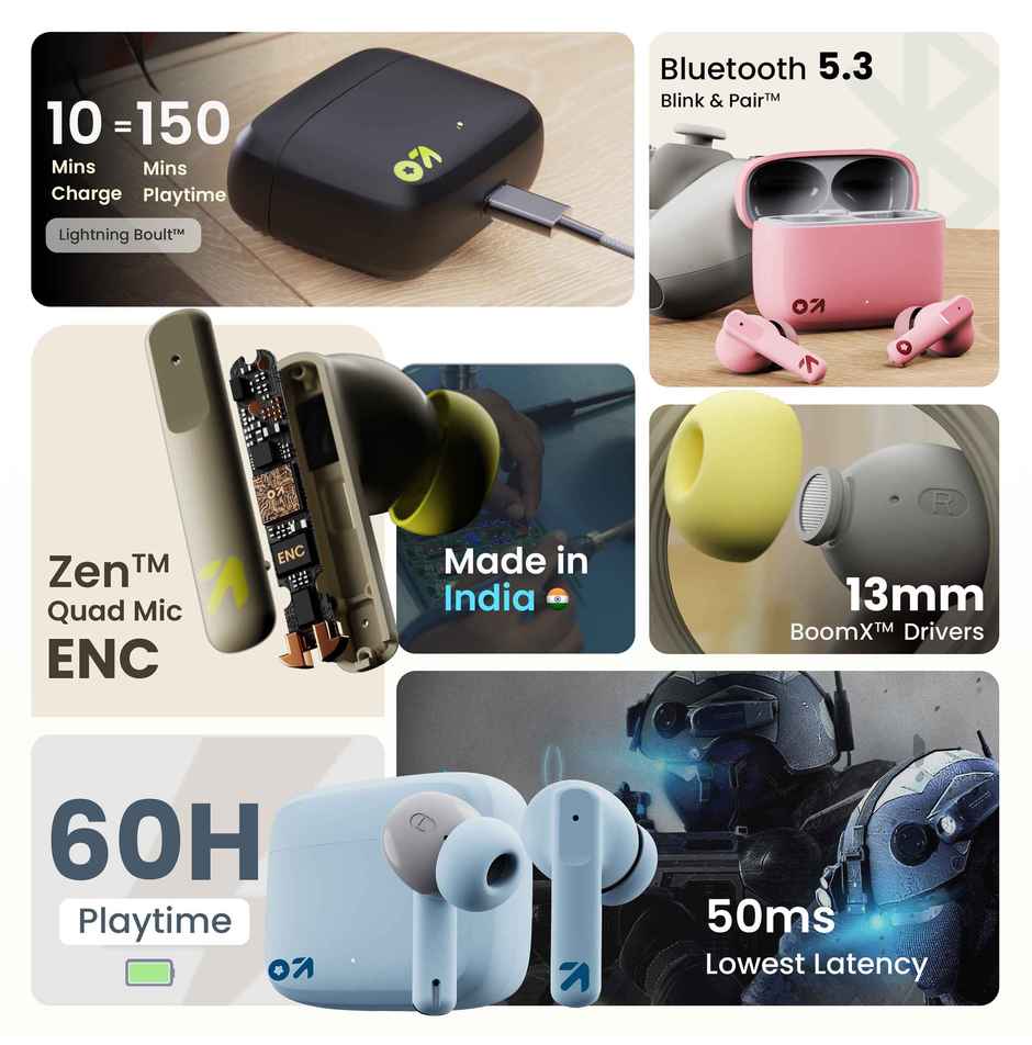 GOBOULT Octave Z60 in Ear TWS Earbuds with 60H Playtime, 4 Mics ENC Clear Calling, 50ms Low Latency Gaming, 13mm Bass Driver, Type-C Fast Charging, IPX5 ear buds TWS Bluetooth 5.3 - Raven Black