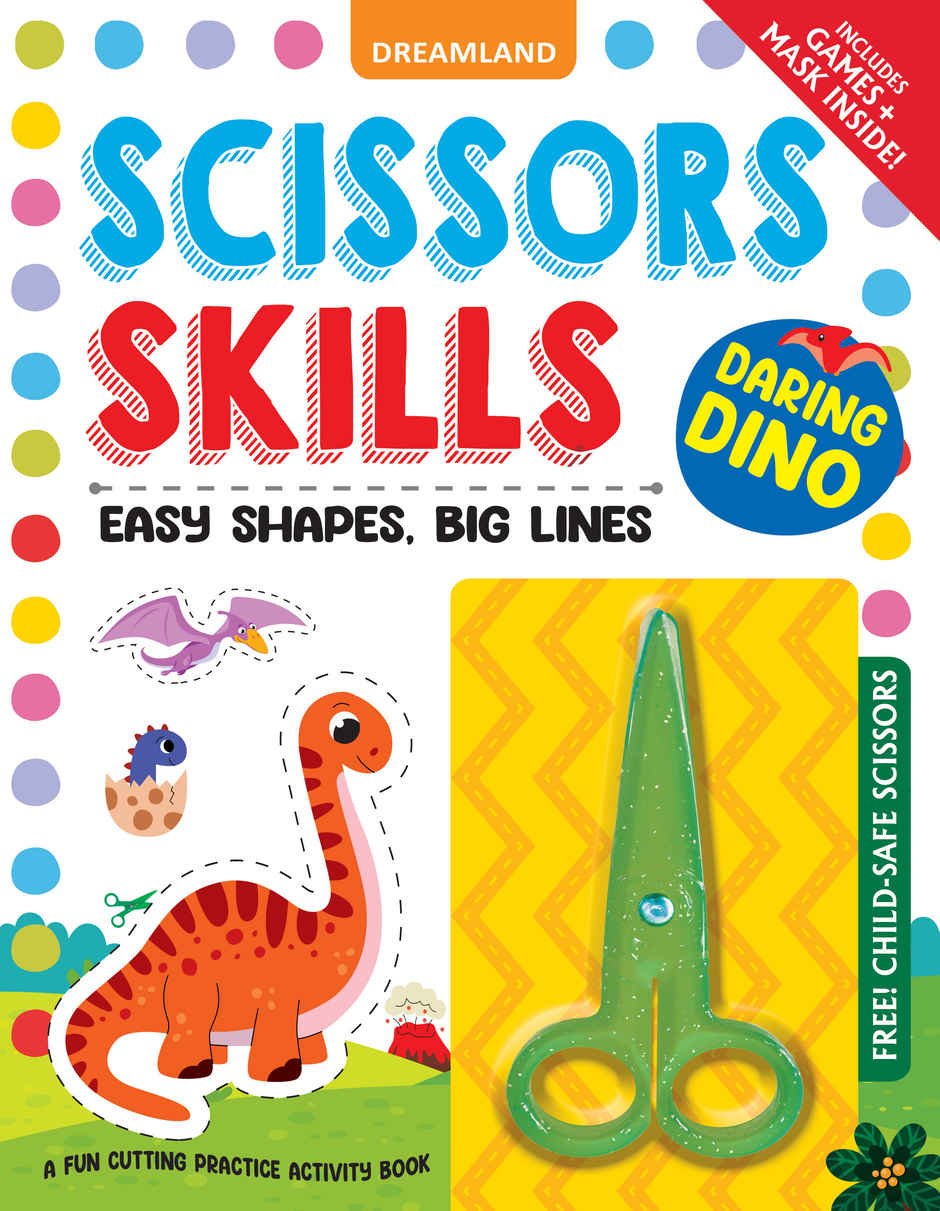 Daring Dino Scissors Skills Activity Book for Age 4 - 7Y | With Child- Safe Scissors, Games & Mask