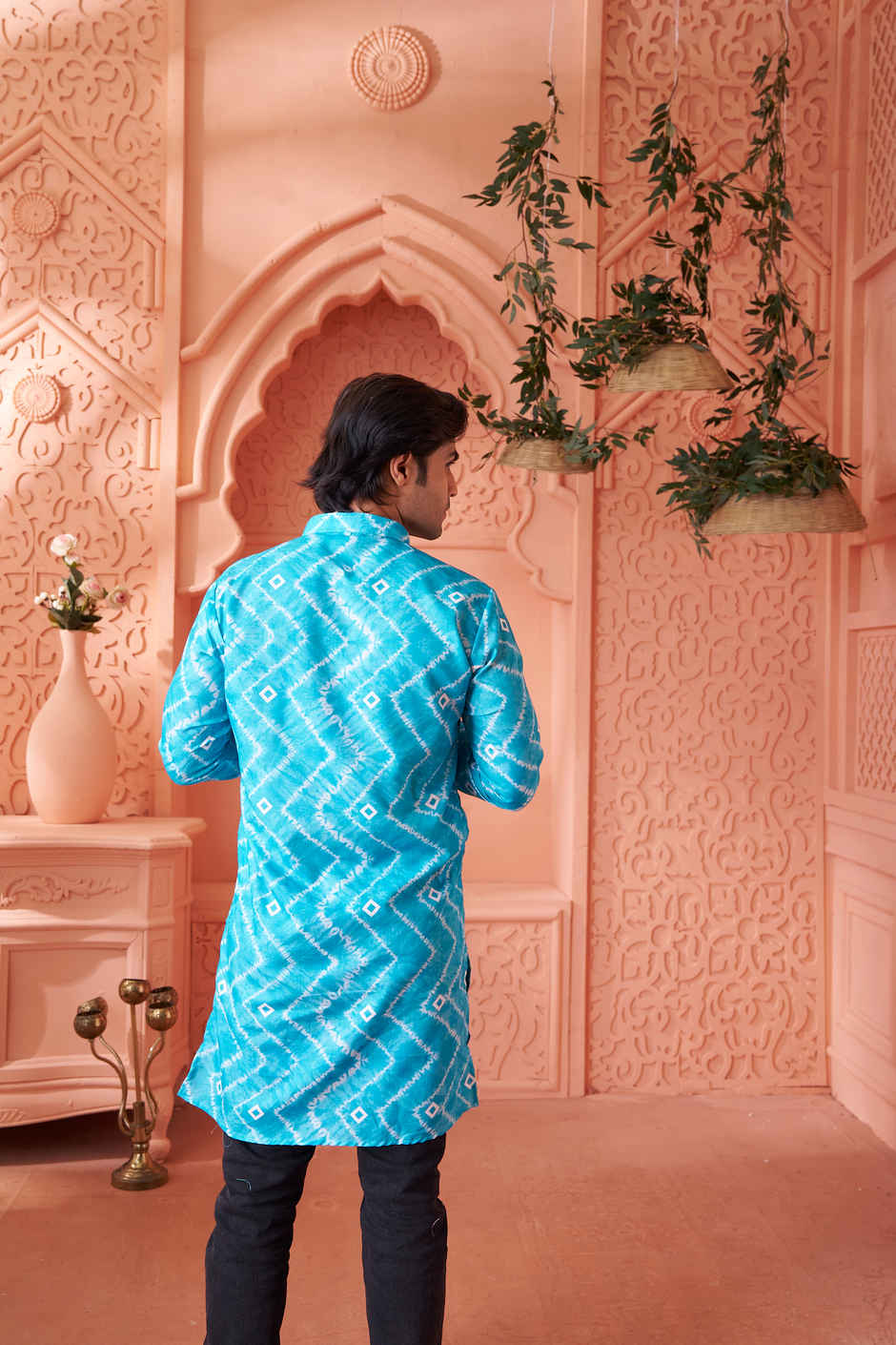 House Of Festivals Men's Printed Cotton Blend Tie & Die Look Long Kurta | Blue - M