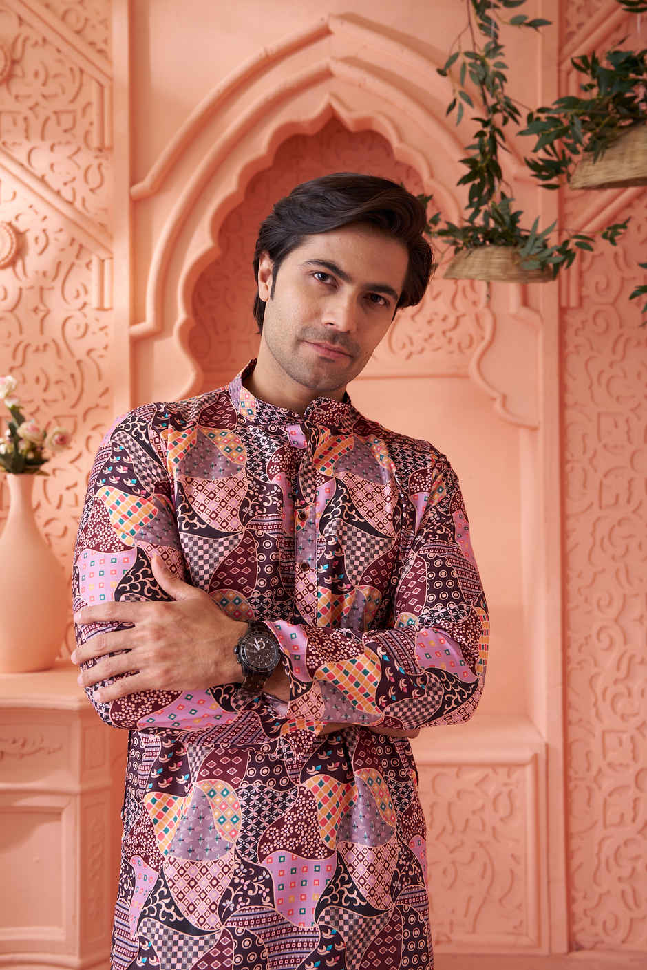 House Of Festivals Men's Printed Cotton Blend Long Kurta | Multicolor - S