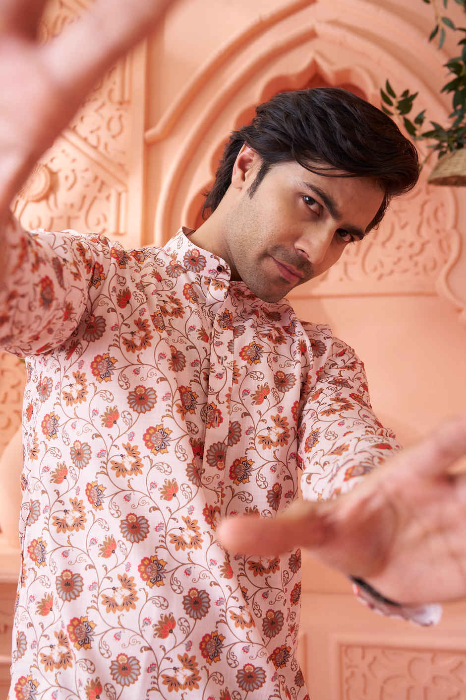 House Of Festivals Men's Printed Cotton Blend Long Kurta | Cream - S