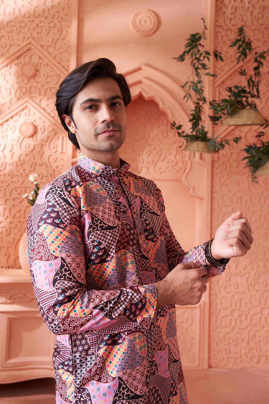 House Of Festivals Men's Printed Cotton Blend Long Kurta | Multicolor - S