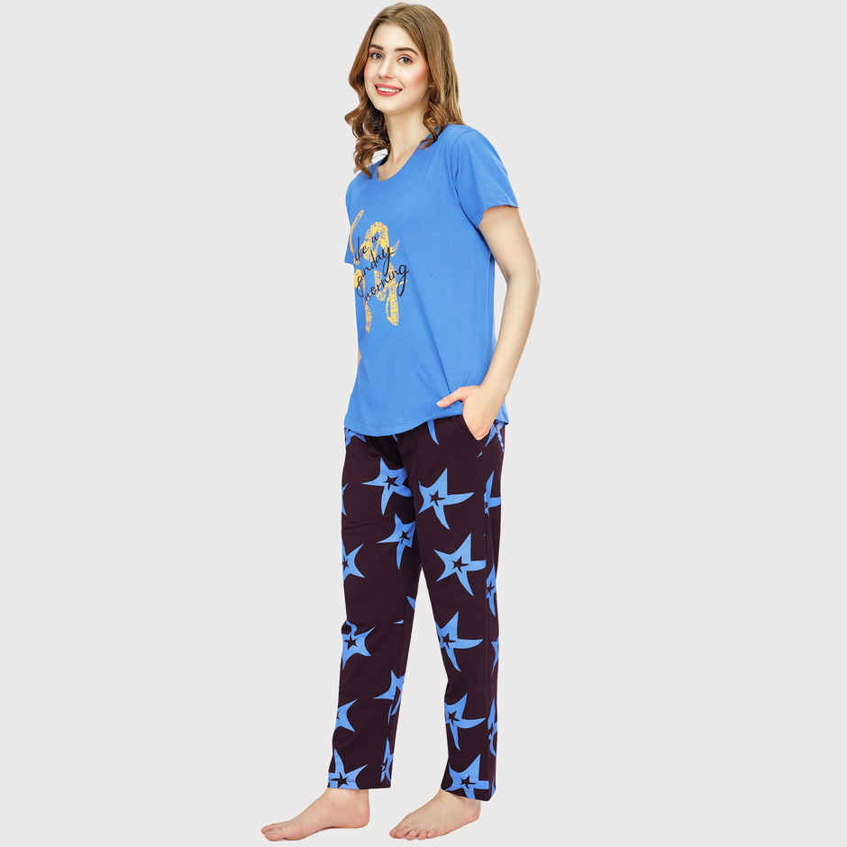 Zeyo Night Suit for Women Blue Star Printed Cotton Night Dress of Top & Pajama Set 5773-BE- XL
