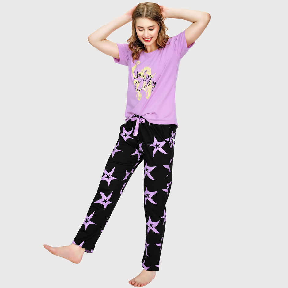 Zeyo Night Suit for Women Violet Star Printed Cotton Night Dress of Top & Pajama Set 5773-VT- L