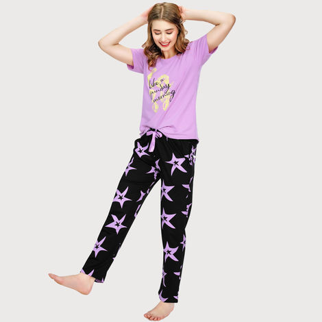 Zeyo Night Suit for Women Violet Star Printed Cotton Night Dress of Top & Pajama Set 5773-VT- L