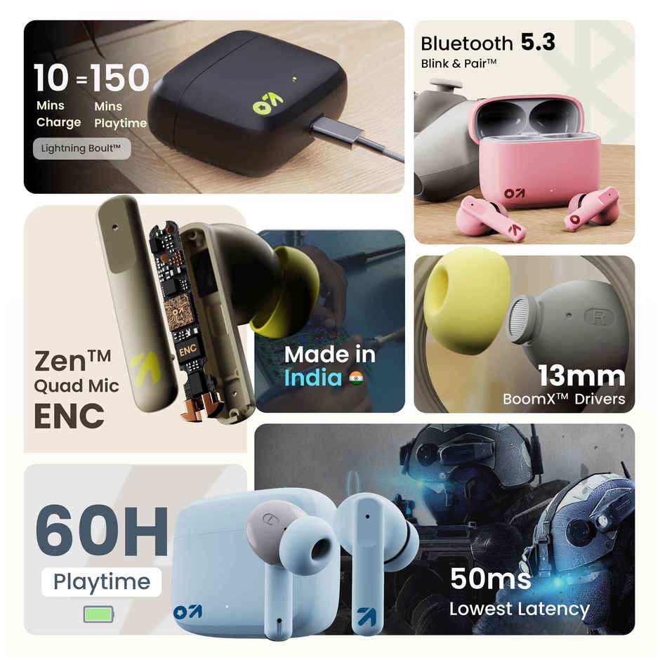 GOBOULT Octave | 60Hr Battery | Quad Mic Enc|50Ms Ultra Low Latency|5.3 BT|Blue