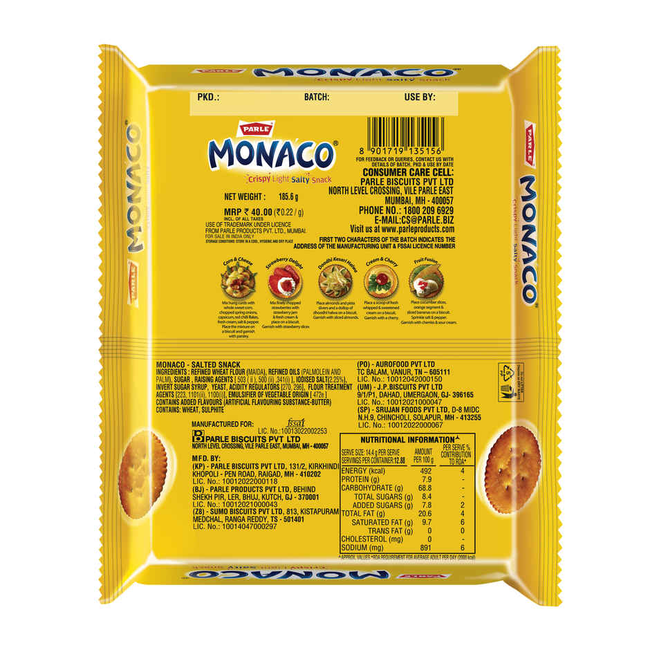 Parle Monaco Classic Salted Plain Crackers | Trans Fat-free Combo