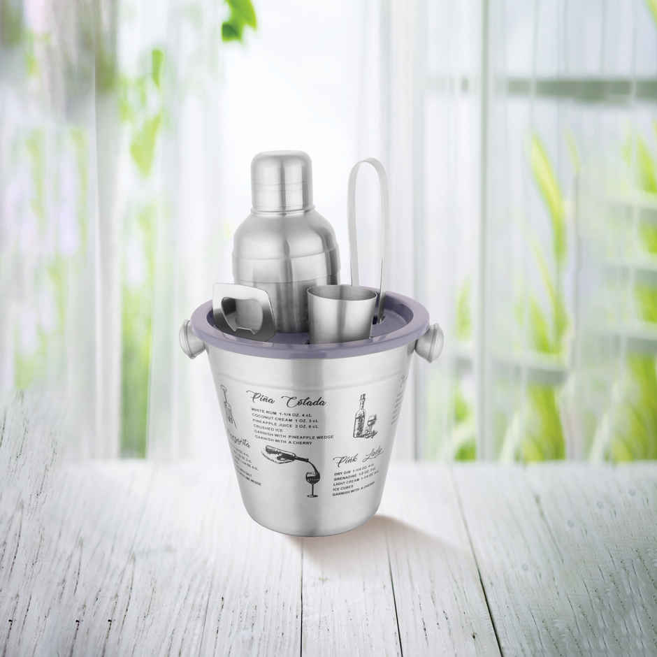 Roxx Gracia Bar Tool Set | Stainless Steel | Shaker | Jigger | Tong | Ice Bucket | Opener | Silver