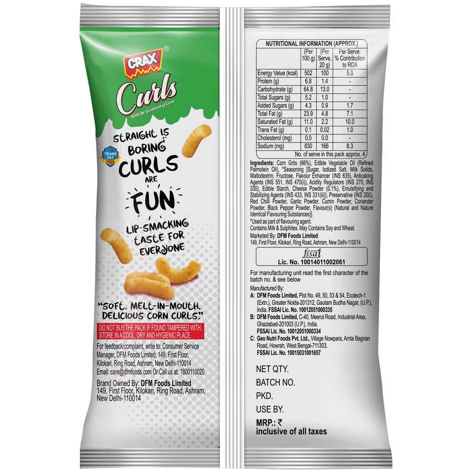 Crax Curls Cheese Delight Corn Puffs Snacks