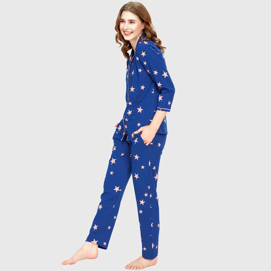 Zeyo Night Suit for Women Blue Star Printed Cotton Night Dress | Shirt & Pajama Set 5762-BE- XXL