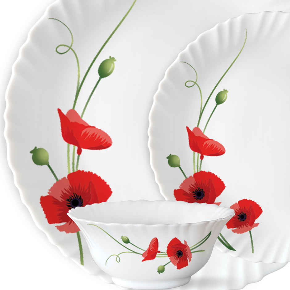 Larah By Borosil Red Carnation 12Pc Dinner Set Opalware Crockery For Dining & Gifting - White