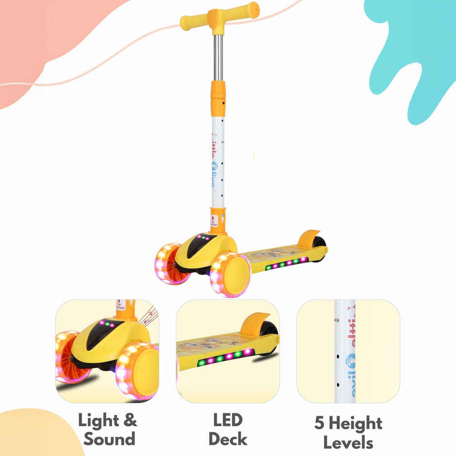 Little Olive Pluto Kids Scooter with LED Wheels, Adjustable Height, Foldable, for Ages 3-7 (Yellow)
