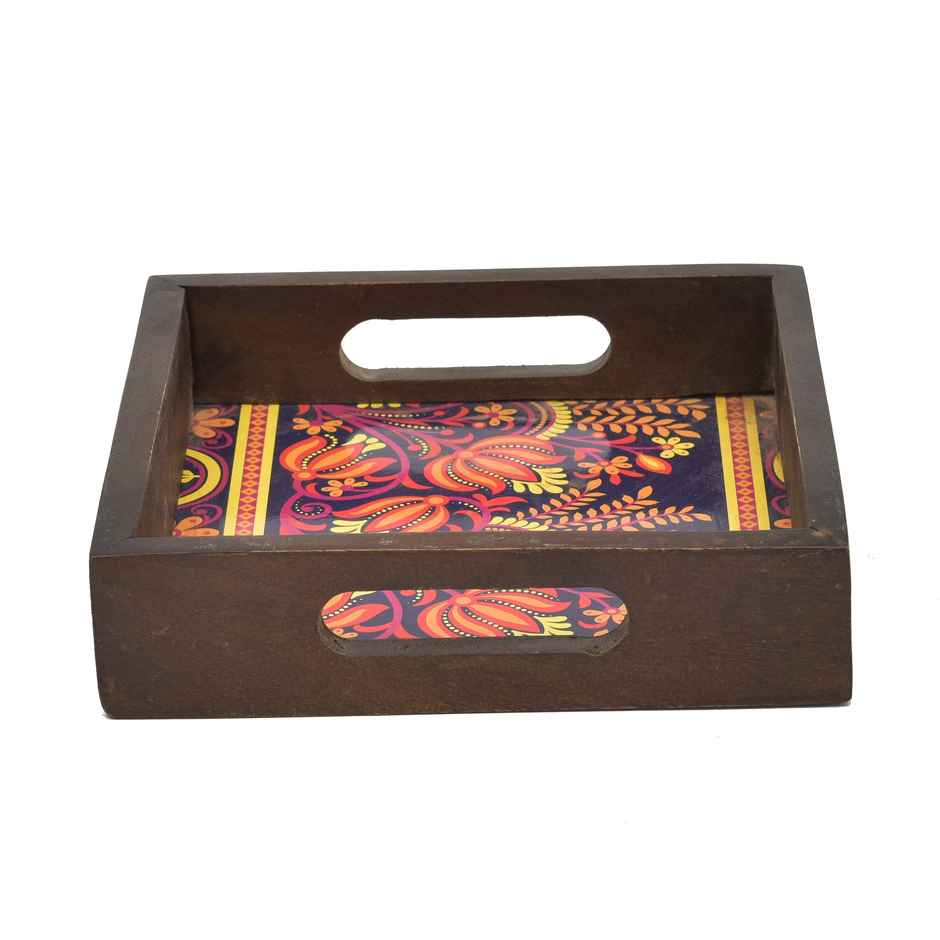 Oggn Vintage Printed Wooden Brown Square Tray 8x8