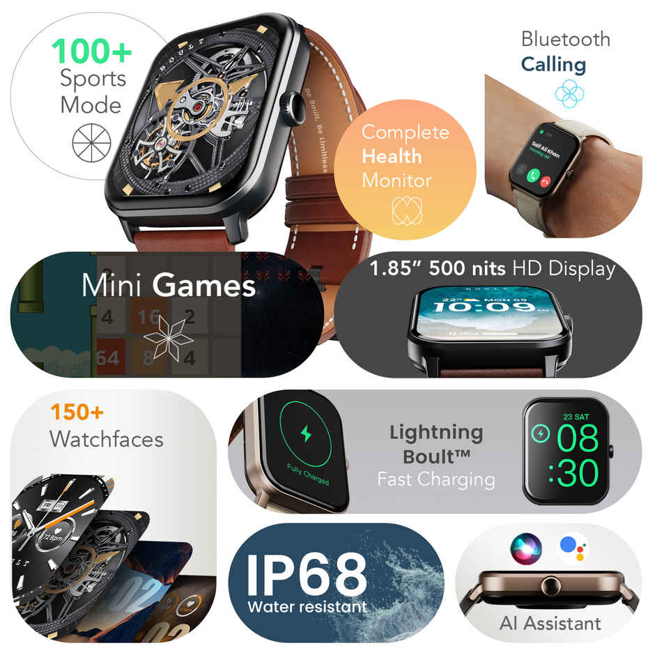 GOBOULT (Formerly Boult) Dive+ Bluetooth Calling | 500 nits | 150+ Watch Faces | Black Coffee