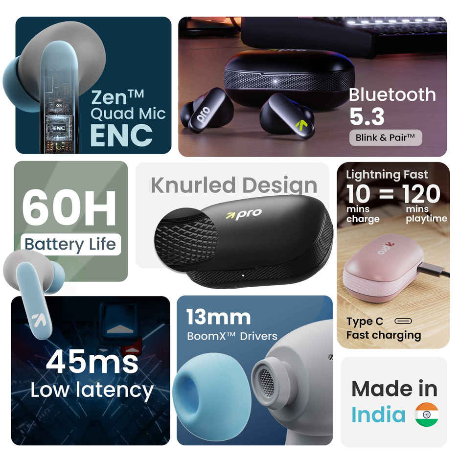GOBOULT Y1 Pro Zen Quad Mic ENC,60Hrs Battery,Fast Charging,5.3v Bt |Candy cane