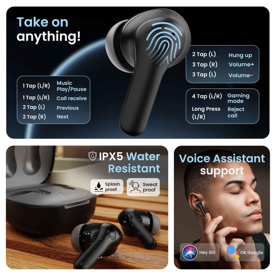 GOBOULT K10 in Ear TWS Earbuds with 50H Playtime, 4 Mic Clear Calling, 45ms Low Latency, 10mm Drivers, Touch Control, Type-C Fast Charging,TWS Ear Buds Wireless - Pure Black