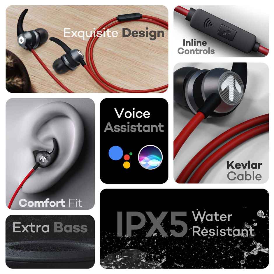GOBOULT BassBuds X1 in-Ear Wired Earphones with 10mm Extra Bass Driver and HD Sound with mic, 3.5mm Audio Jack - Red