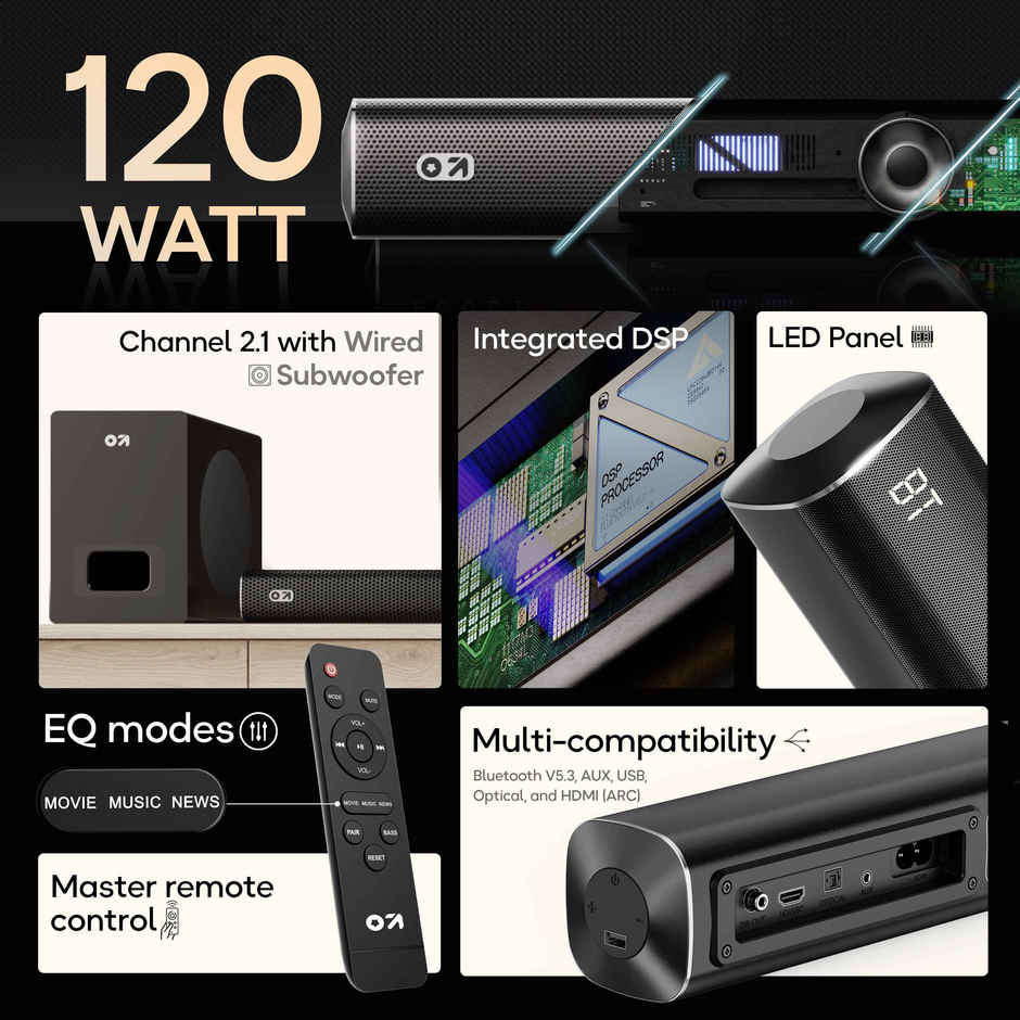 GOBOULT Bassbox X120 with Subwoofer | 2.1 Channel|120W Bluetooth Soundbar | Black