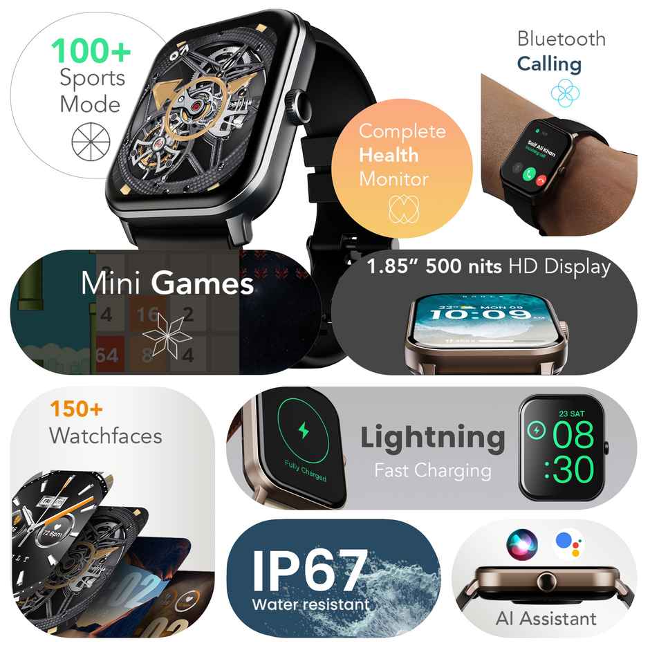 GOBOULT Drift+ Bluetooth Calling, 1.85" Hd, 500Nits,Spo2 Smartwatch |Jet Black