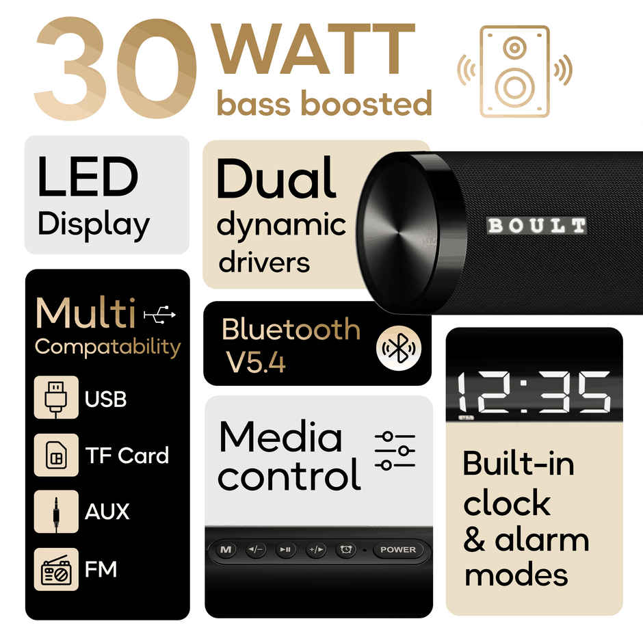 GOBOULT (Formerly Boult) Bassbox X30 | Dual Dynamic Drivers | 30W Soundbar | Stereo Ch | Pure Black