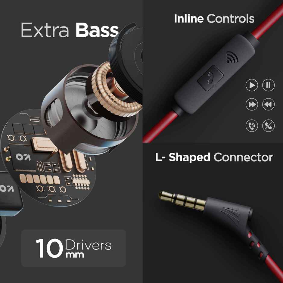 GOBOULT (Formerly Boult) BassBuds X1 In-Ear Wired Earphones with 10mm Extra Bass Driver | Red