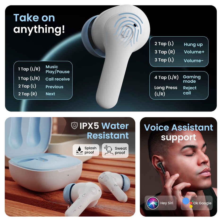 GOBOULT K10 in Ear TWS Earbuds with 50H Playtime, 4 Mic Clear Calling, 45ms Low Latency, 10mm Drivers, Touch Controls, Type-C Fast Charging - Ice Blue