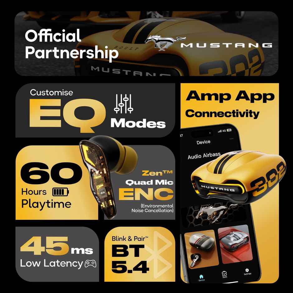 GOBOULT Mustang Torq | 50Hrs Battery | App Support | 4 Mic Enc | 5.4V BT | Yellow