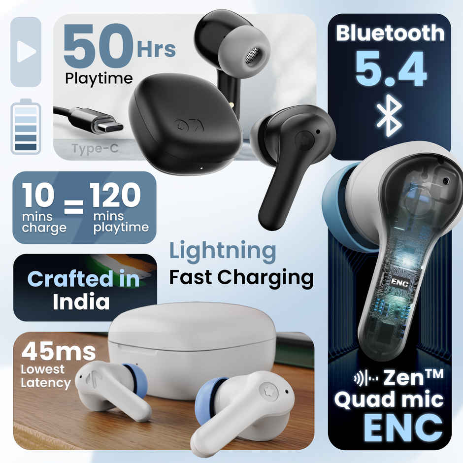 GOBOULT K10 in Ear TWS Earbuds with 50H Playtime, 4 Mic Clear Calling, 45ms Low Latency, 10mm Drivers, Touch Controls, Type-C Fast Charging - Ice Blue