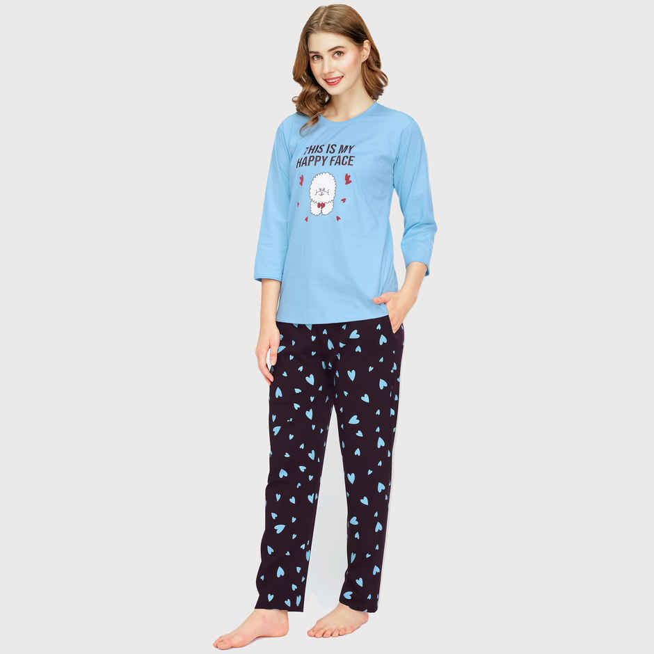 Zeyo Night Suit for Women Blue Heart Printed Cotton Night Dress of Top & Pajama Set 5783-BE- XL