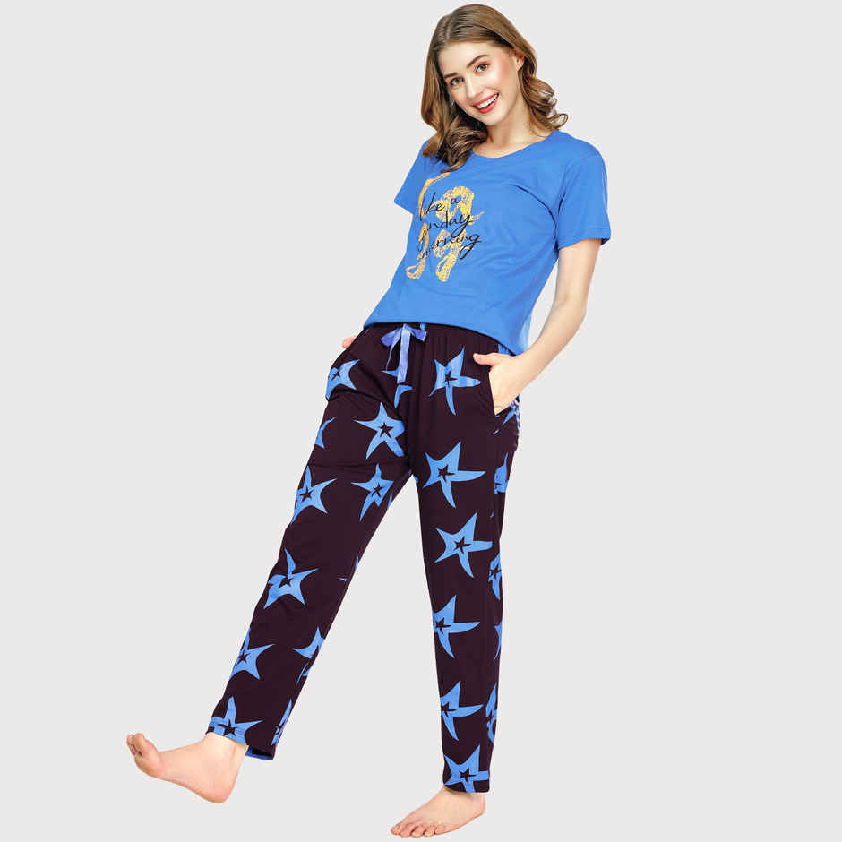Zeyo Night Suit for Women Blue Star Printed Cotton Night Dress of Top & Pajama Set 5773-BE- XL