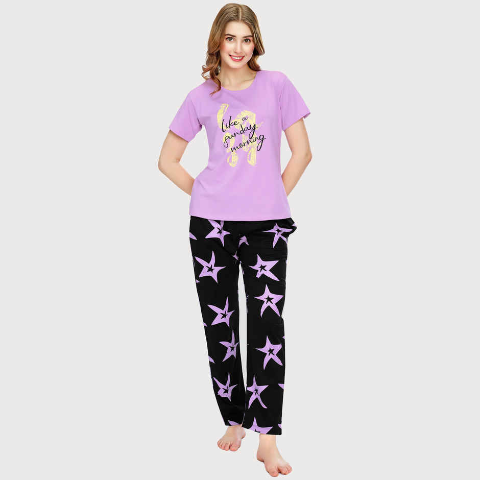 Zeyo Night Suit for Women Violet Star Printed Cotton Night Dress of Top & Pajama Set 5773-VT- L