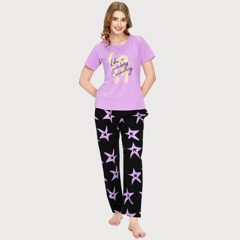 Zeyo Night Suit for Women Violet Star Printed Cotton Night Dress of Top & Pajama Set 5773-VT- L