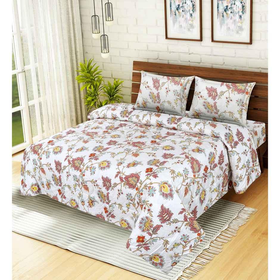 Dream Living California 4 Pcs Comforter Set Printed Reversible Super Soft Satin Finish Micropeach | White