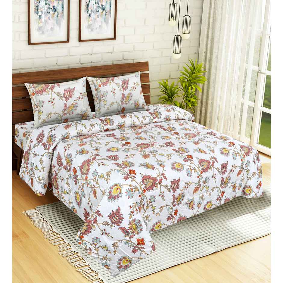 Dream Living California 4 Pcs Comforter Set Printed Reversible Super Soft Satin Finish Micropeach | White