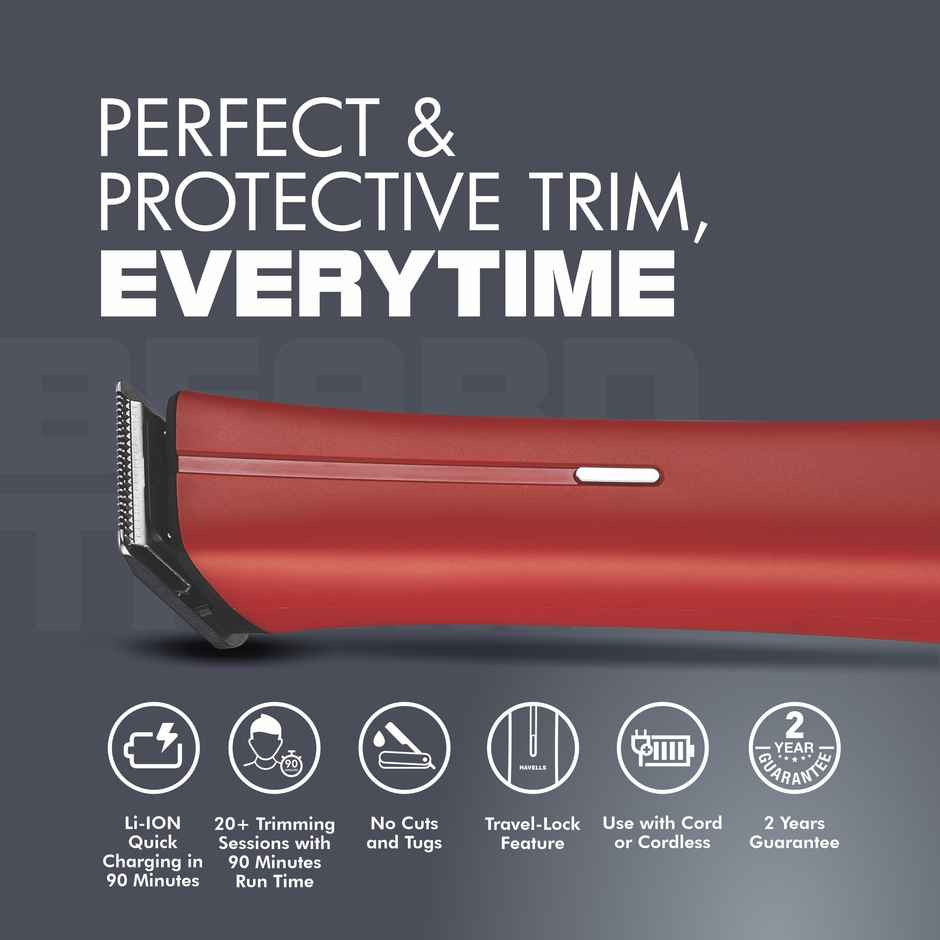 Havells Bt6111 Beard Trimmer, Ss Blade 90Mins Runtime Upto 13Mm Setting, Battery Operated, Red