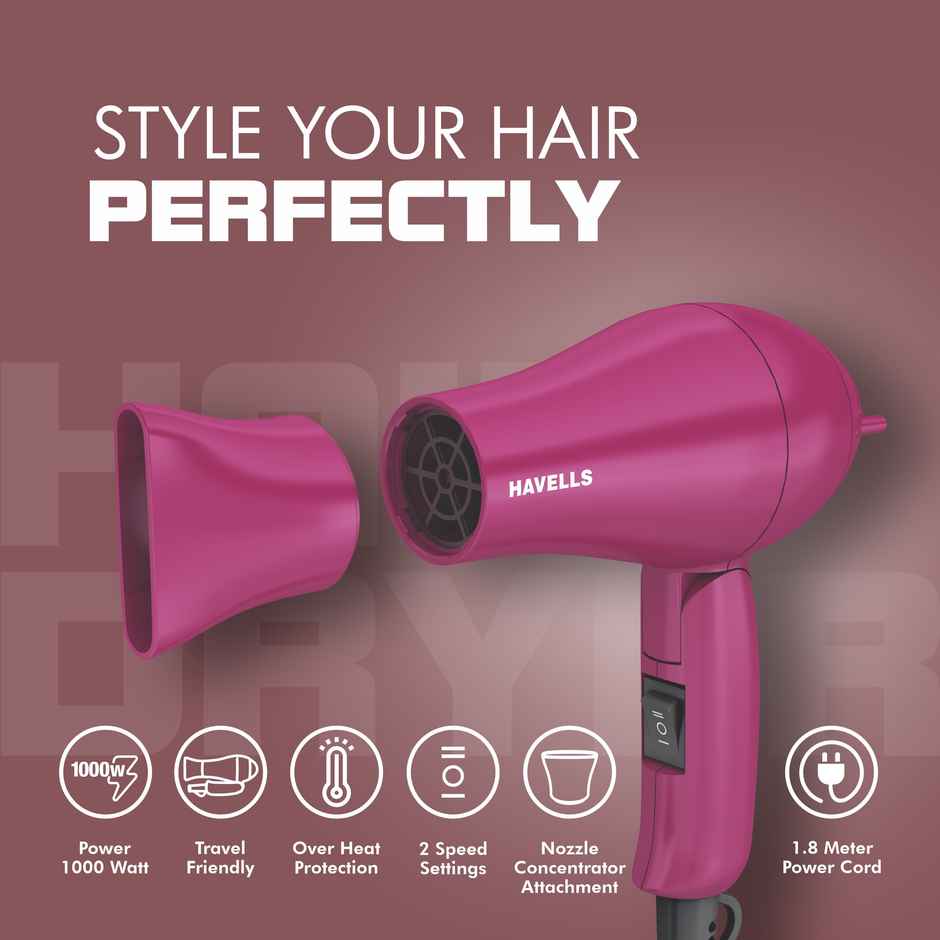 Havells 1000W Foldable Hair Dryer; 2 Heat Settings (Hot/Warm), Heat Balance Tech, Hd1835, Blue
