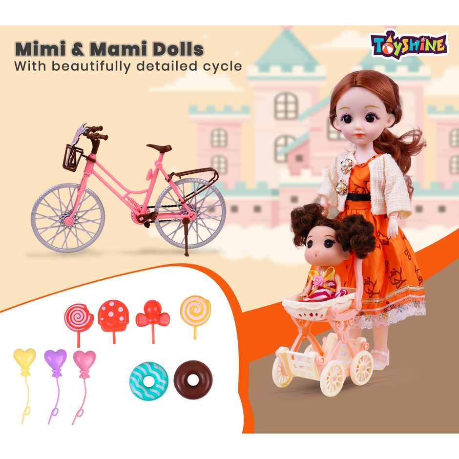 Toyshine Mimi and Mami Doll Play Set With Cycle and Stroller for Kids | Age 3 and Above