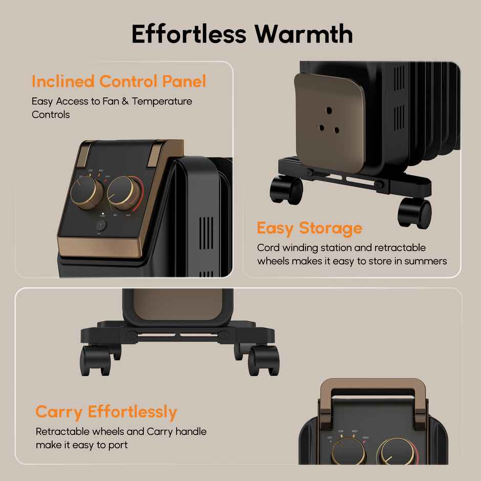 Havells 9-Fin Oil Filled Room Heater (OFR) | U-Tech Fast Heating Fins | Black