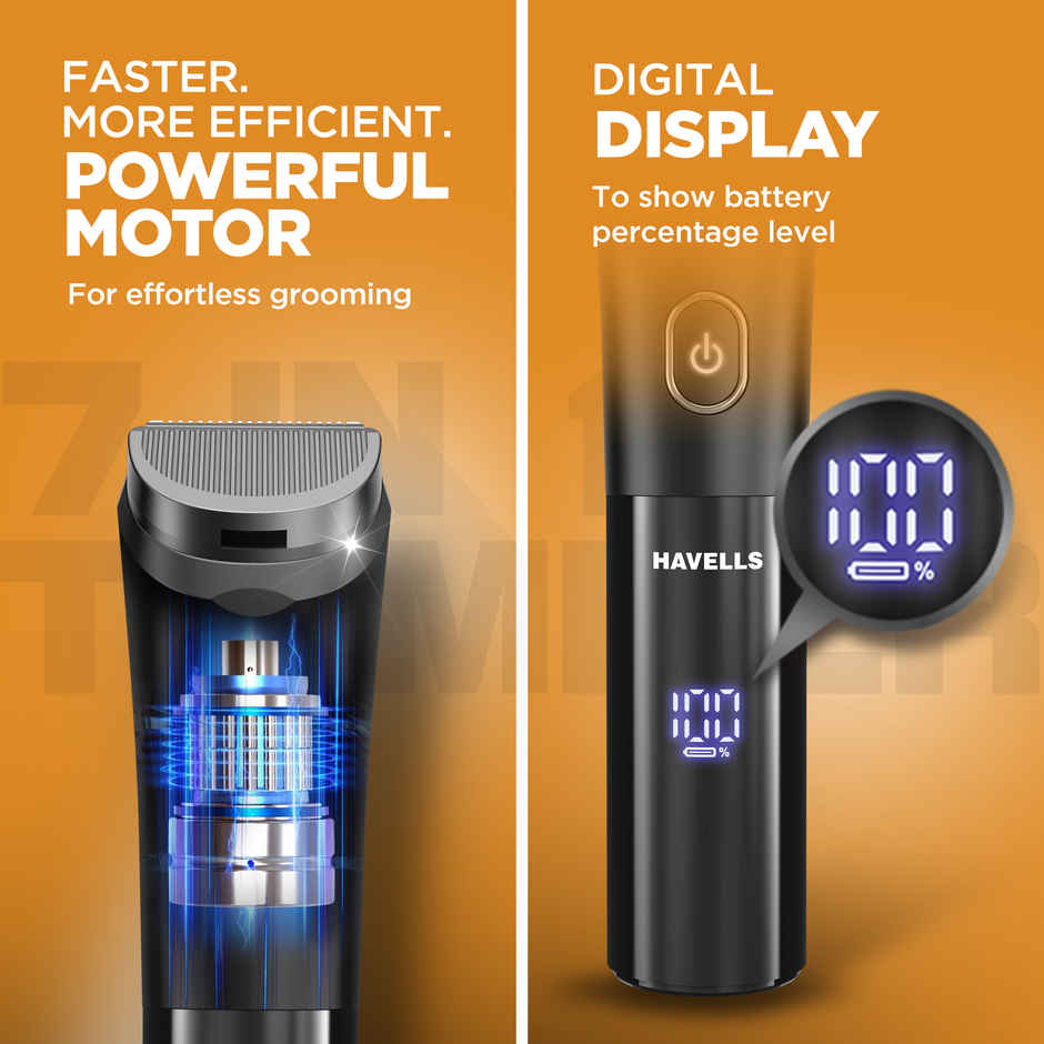 Havells Beard & Hair 7 in 1 Trimmer | 2-in-1 Special Blade | Real Time Digital Display | BT6661