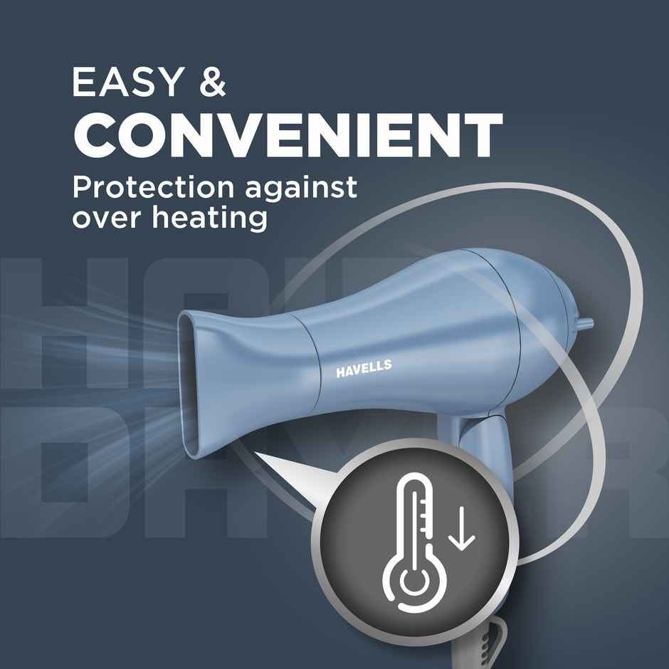 Havells 1000W Foldable Hair Dryer; 2 Heat Settings (Hot/Warm), Heat Balance Tech, Hd1835, Blue