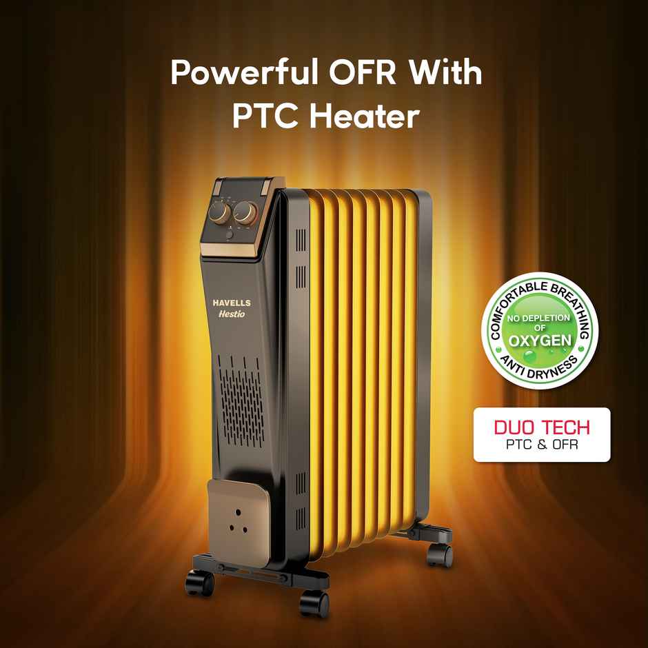 Havells 9-Fin Oil Filled Room Heater (OFR) | U-Tech Fast Heating Fins | Black