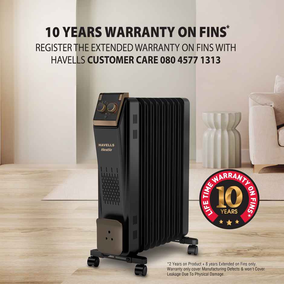 Havells 9-Fin Oil Filled Room Heater (OFR) | U-Tech Fast Heating Fins | Black