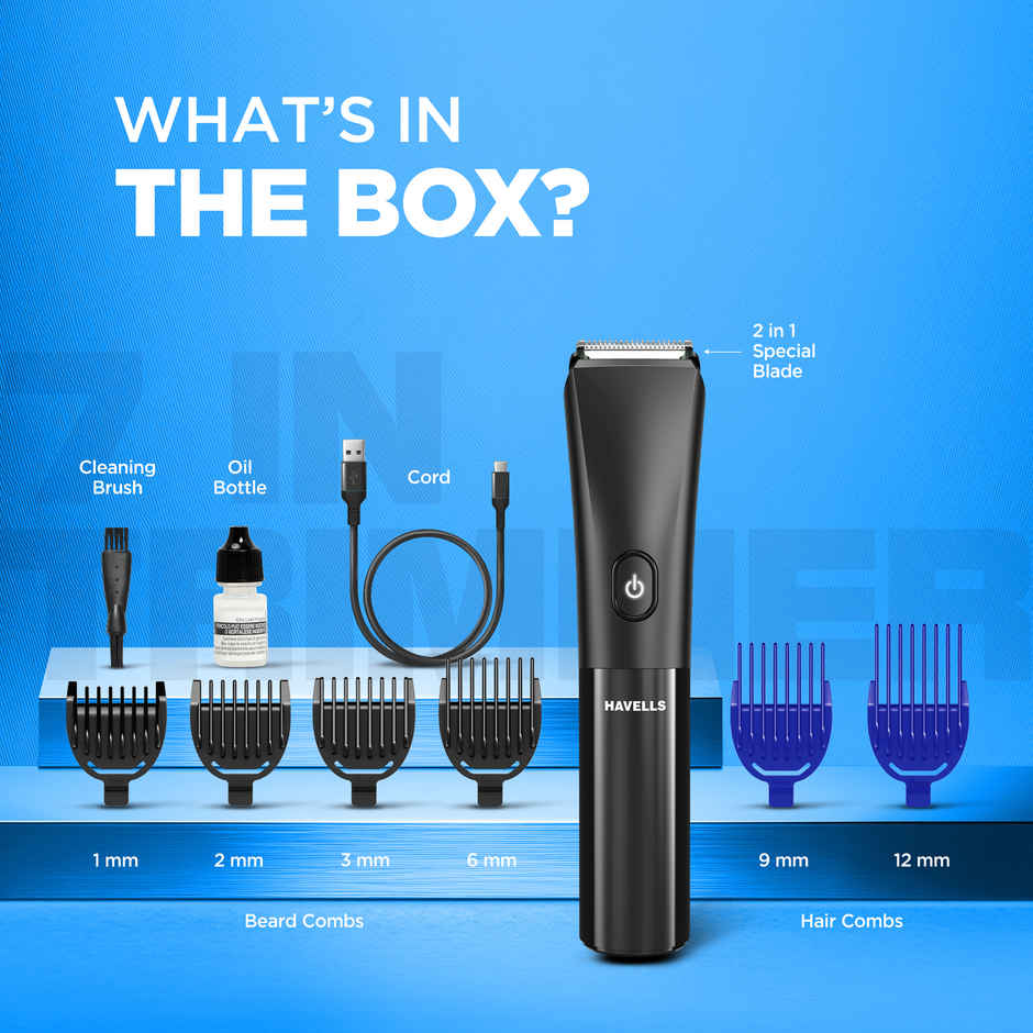 Havells Beard & Hair Trimmer | 2-in-1 Special Blade | Comes with 4 Beard & 2 Hair Combs | BT4001