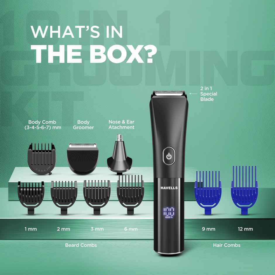 Havells 10 in 1 Digital Grooming Kit 2 in 1 Blade Nose Ear Attachment Ceramic Body Groomer GS6668