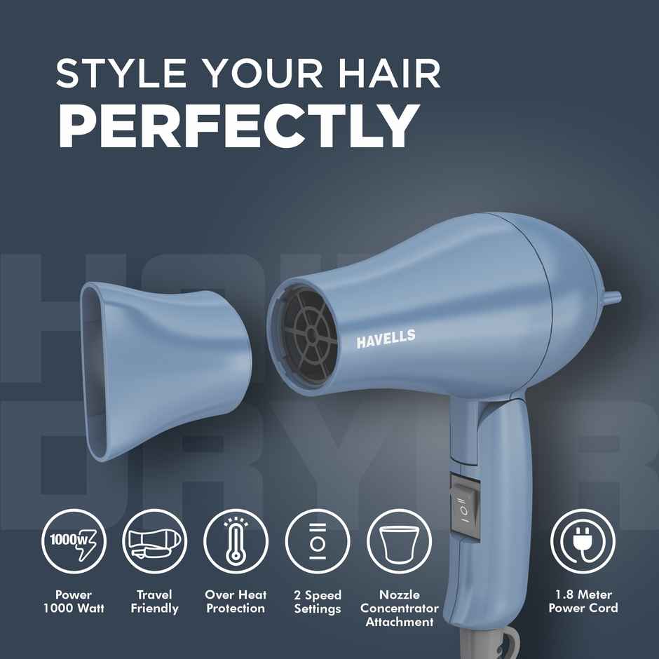 Havells 1000W Foldable Hair Dryer; 2 Heat Settings (Hot/Warm), Heat Balance Tech, Hd1835, Blue